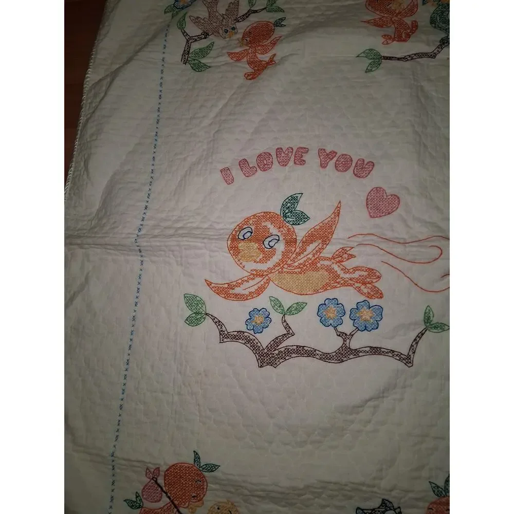 Vintage Disney Quilt Hand Embroidered Orange Bird Nursey Baby Quilt